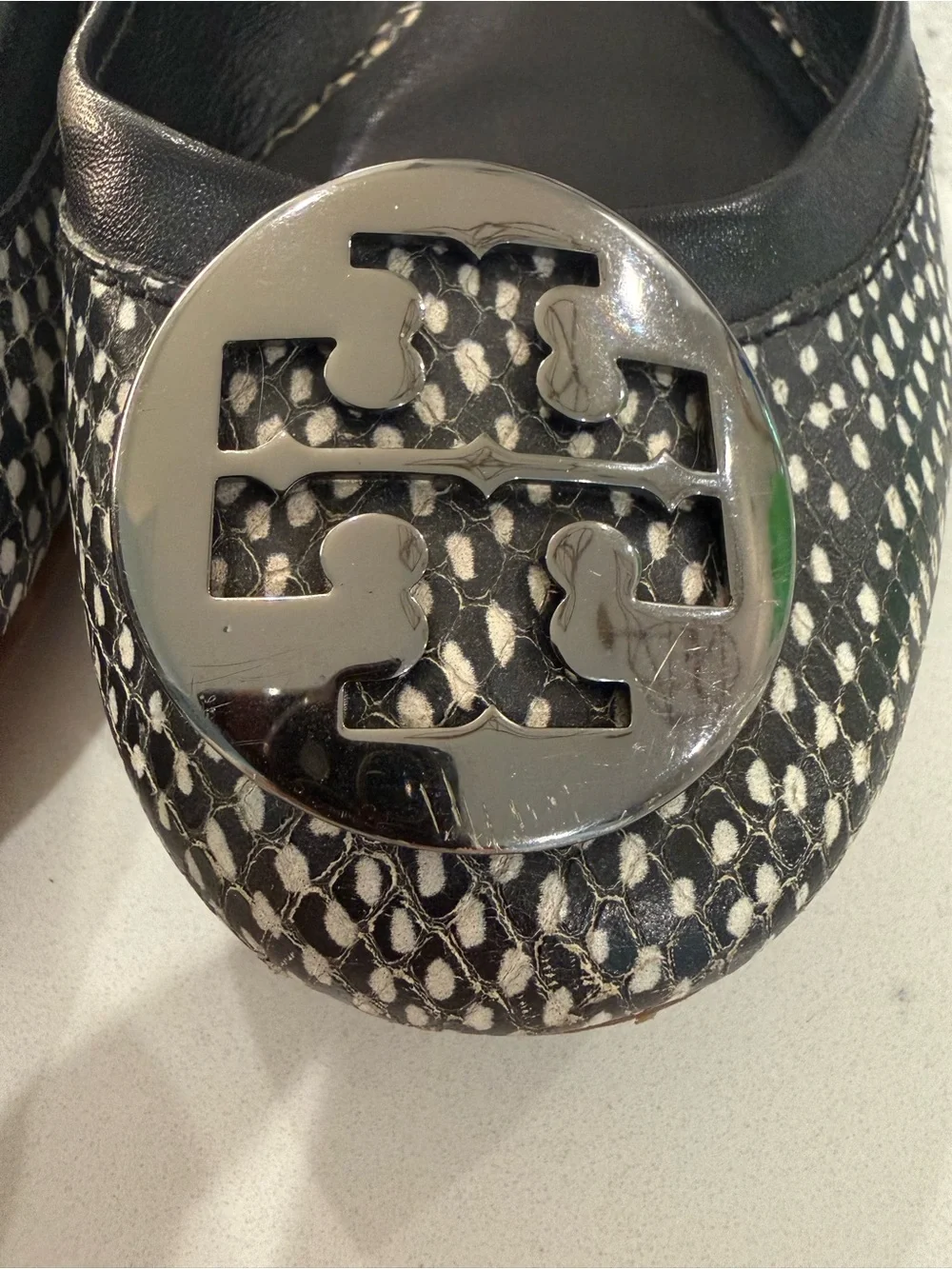 Tory Burch Black and White Patterned Logo Flats